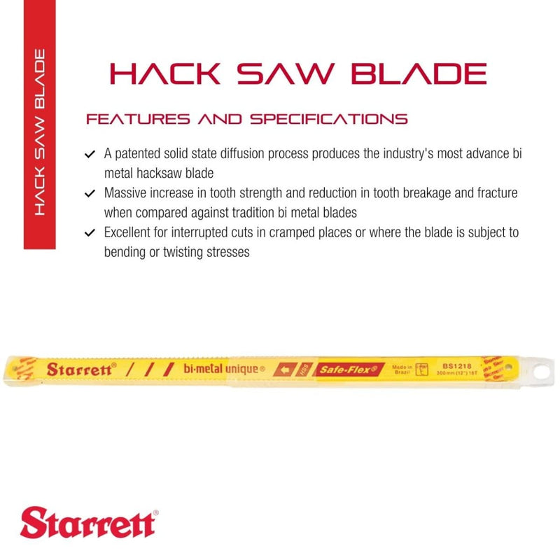 Starrett Bi-Metal Unique HSS Safe-Flex Hand Hacksaw Blade - Ideal for Contractors and Tradesmen - 12" Length, 1/2" Width, 0.024" Thickness, 18 TPI, 10-Pack - KBS1218-10