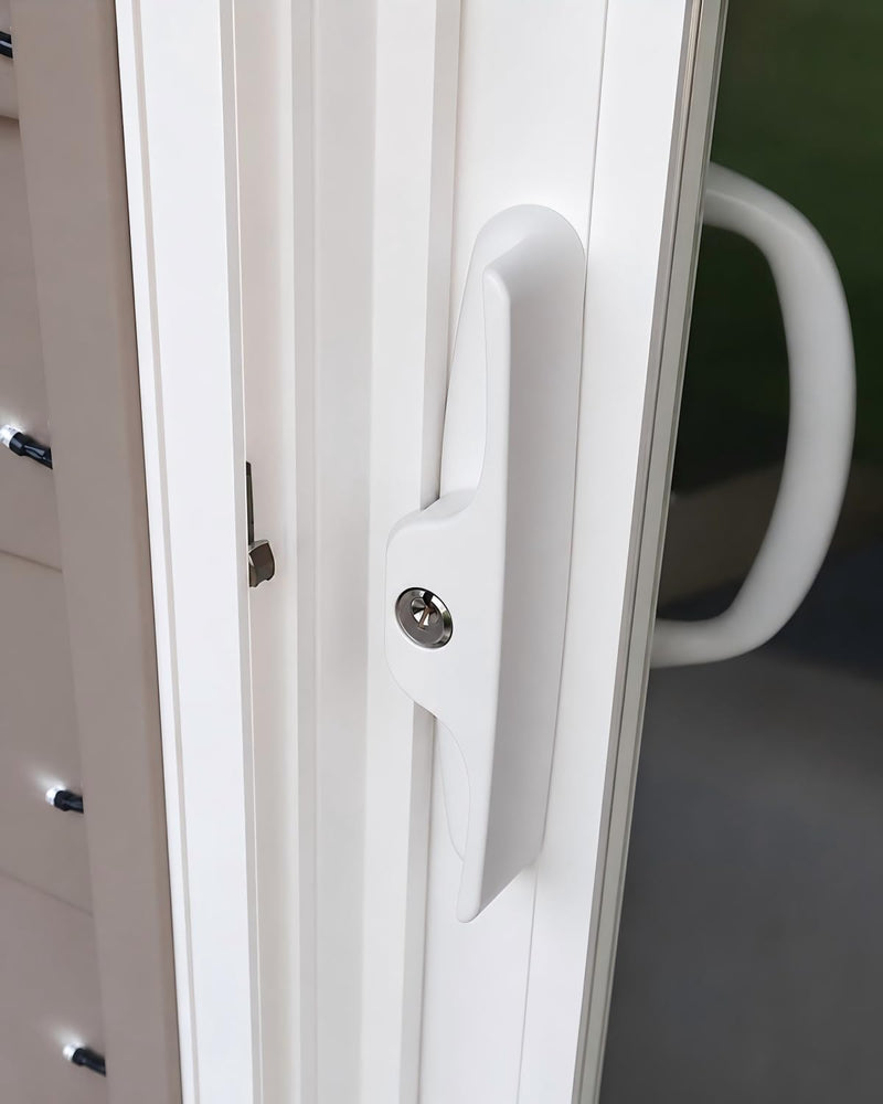 Universal Aluminum Sliding Glass Door Handle, Fits Offset & Centered 3-15/16" Hole Spacing, 1-1/2" to 2" Thick Patio Doors, Inline Replacement with Mortise Lock, Non-Handed, White with Keyed Lock with Keyed