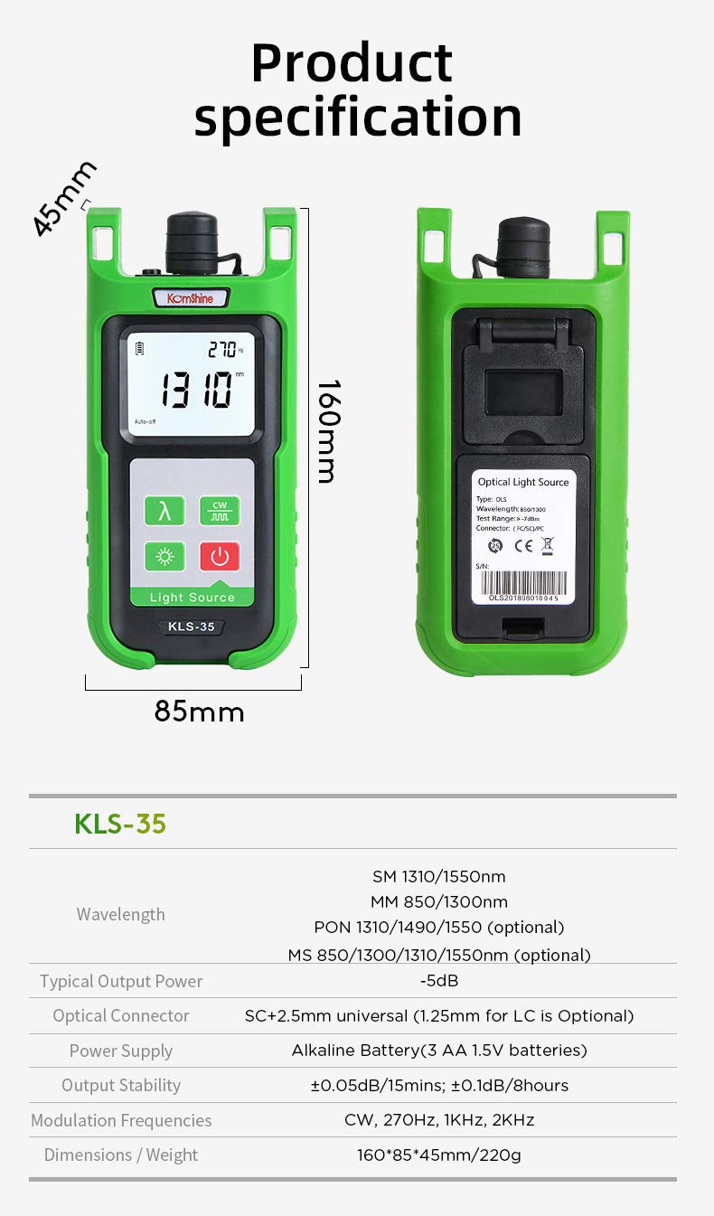 1310/1550m FTTH Tester KLS-35-SM Pocket Sized Optical Single Mode Light Source OLS Optical Universal Connector:FC+SC+ 2.5mm Output Stability:±0.05dB KLS-35-S