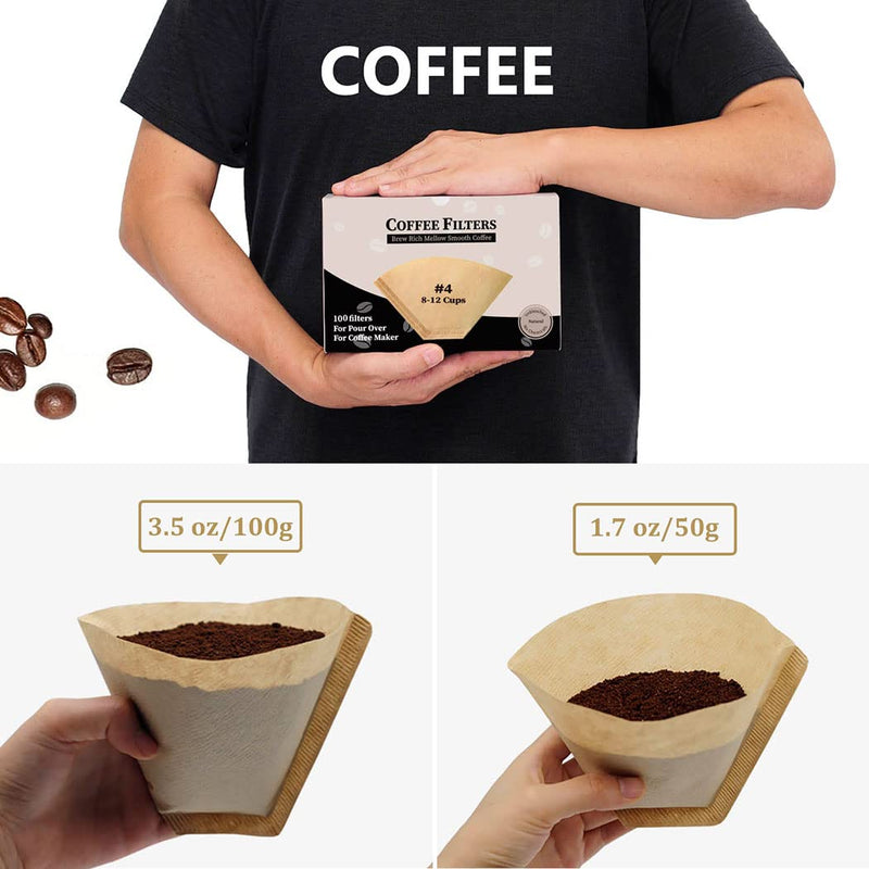 #4 Cone Coffee Filter 8-12 cup, Unbleached Natural Paper, No Blowout, Disposable for Pour Over and Drip Coffee Maker, 100 Count 100 Count boxed