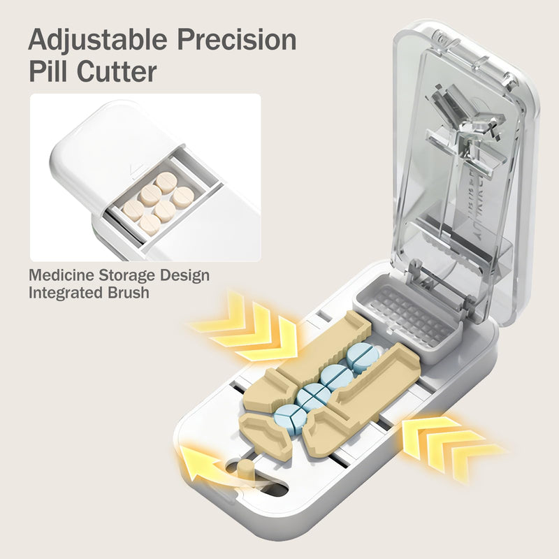 Portable Pill Cutter for Small & Large Pills, Cuts Multiple Tablets, 3-in-1 Professional Pill Splitter Cuts into 1/4, 1/3 & 1/2, with Storage Box, Ideal for Seniors & Travel Use (White) White