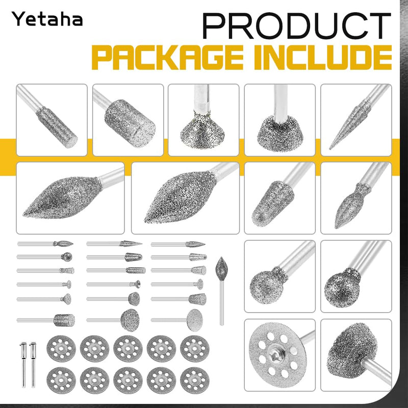 Yetaha Diamond Burr Set for Dremel, Rotary Tool, 1/8” Die Grinding Cutting Wheel Stone Glass Tile Jewelry Engraving Rock Etching Masonry, Grinder Carving Cutter Metal Engraver Kit -32pack