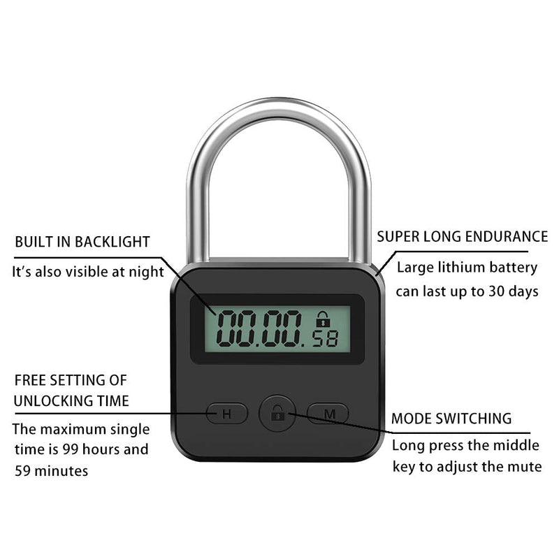 Metal Timer Lock, LCD Display Multi-Function Electronic Time, 99 Hours Max Timing, USB Rechargeable Timer Padlock (Black) Black