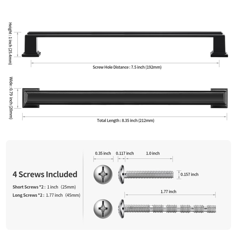 Lardmon 3 Pack 7.5 Inch(192mm) Hole Center Matte Black Modern Cabinet Pulls Kitchen Cabinet Handles Kitchen Cabinet Hardware Timeless Drawer Pulls for Dresser Cupboard Wardrobe, M-Black(7.5x3) 7.5 Inch Hole Center
