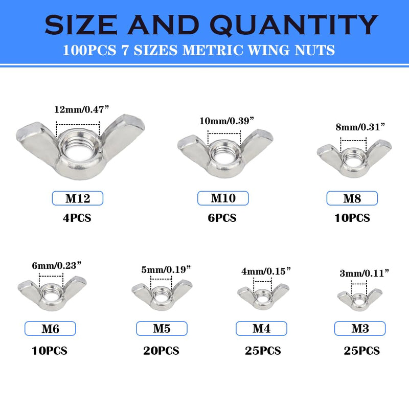 Hooshing 100PCS Wing Nuts Assorted Kit M3 M4 M5 M6 M8 M10 M12 304 Stainless Steel Wing Nuts Fasteners Parts Butterfly Nut