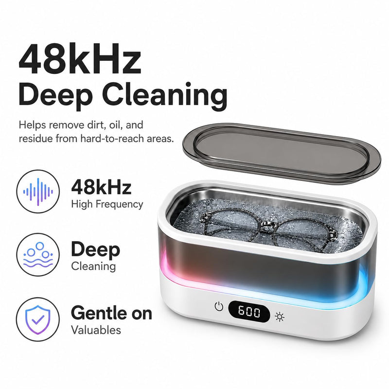 Ultrasonic Cleaner for Jewelry, Glasses & Retainers, 48kHz Sonic Cleaning Machine with 7-Color LED Ambient Light, Digital Timer, Quiet Deep Cleaner for Rings, Dentures & Watches（White） White