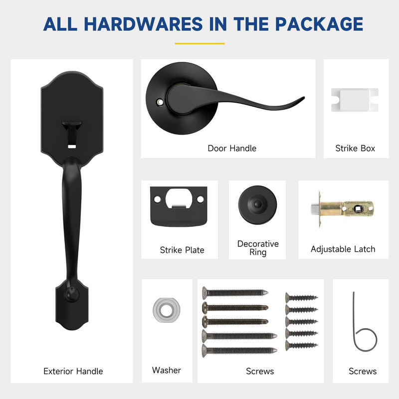 Black Front Door Handle No Lock, Exterior Door Handles with Passage Lever, Entry Door Handle Reversible for Left & Right Matte Black No Deadbolt