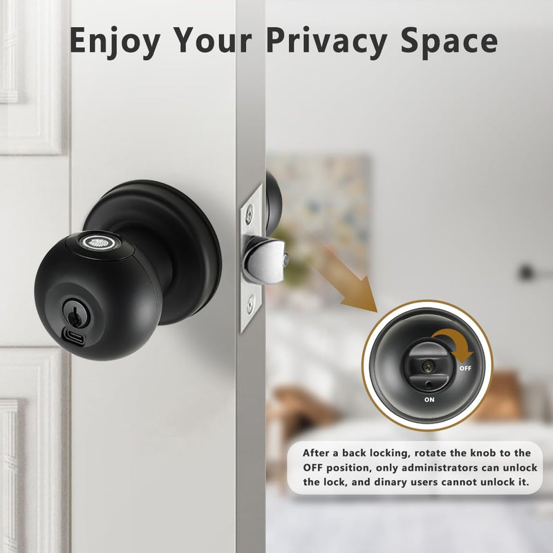 Fingerprint Door Lock, Smart Fingerprint Door Knob with Lock, Biometric Black Door Lock, Keyless Thumbprint Entry Door Lock for Bedrooms, Hotels, Apartments, Offices and Garages 1
