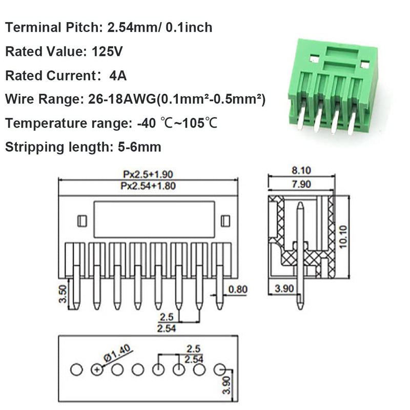 5Set 4-Pin 125V 4A 2.54mm 0.1" Pitch PCB Mount Screw Terminal Block Connector for 26-18AWG Cable 2.54mm-4-Pin