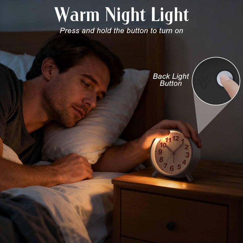 Retro Analog Alarm Clock with Night Light, Battery Operated, Easy to Set - Ascending Alarm, Snooze, Simple Round Metal Design for Bedroom, Desk, Bedside, Travel, Kids, Adults, Heavy Sleepers Brown