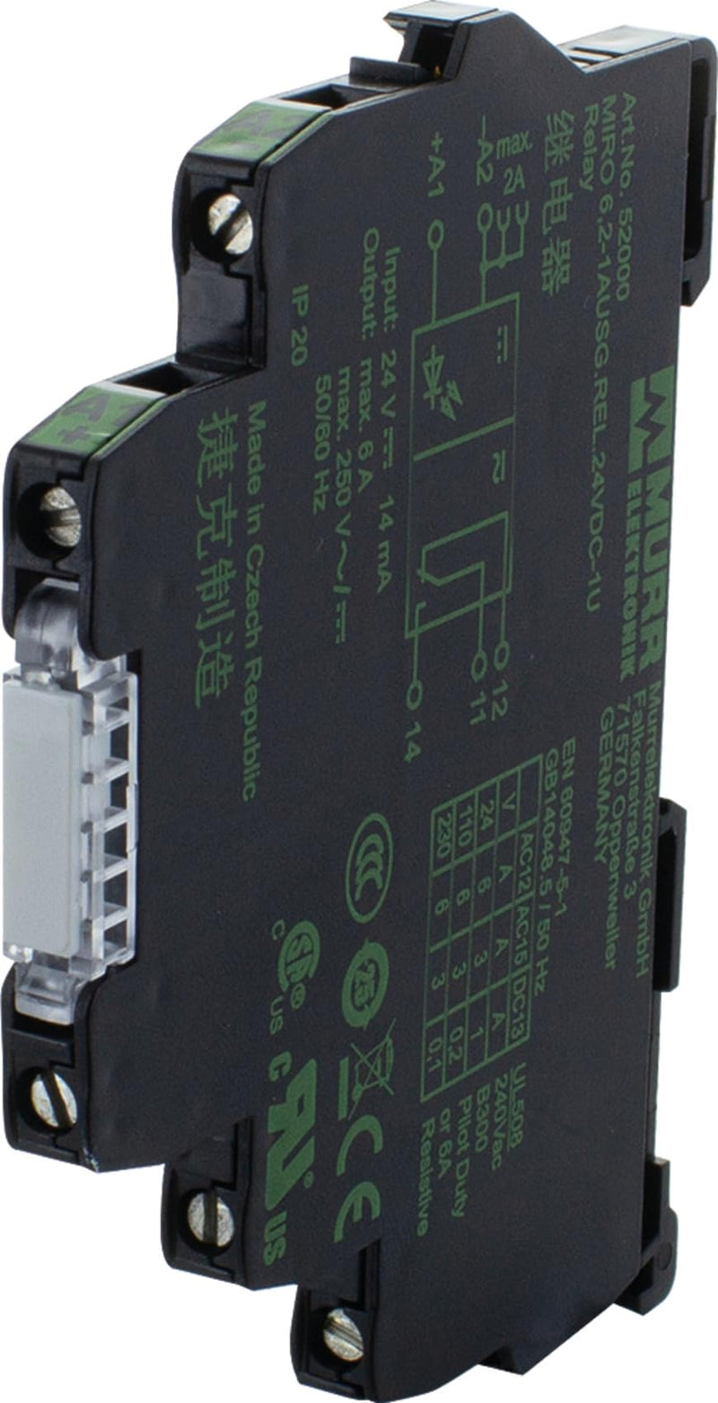 MURR ELEKTRONIK 52000 MURR ELEKTRONIK 52000 24 VDC-1U, 250 VAC/DC / 6 A, 6.2 MM Screw-Type Terminal, Output Relay, 1 NO/NC Contact, MIRO 6.2