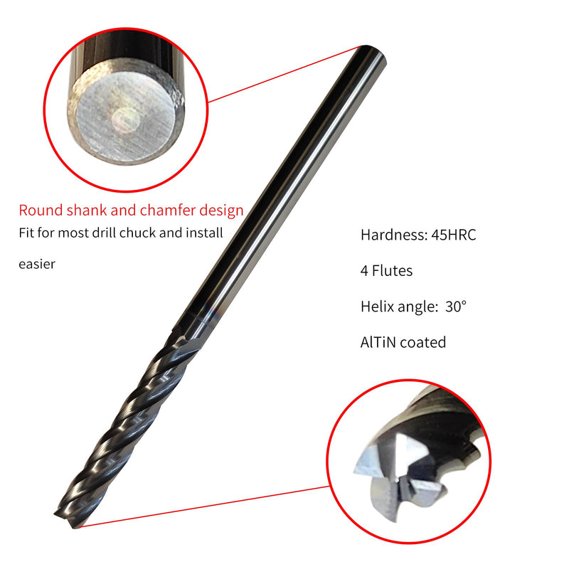 1/4" Carbide End Mill, Extra Long, 4 Flute Solid Carbide Square End Mill, 4" Overall Length, Single End, Helix Angle: 30°, AlTiN Coated,1/4" Cutting Diameter,1-1/2" Length of Cut 1/4"*1-1/2"*4”