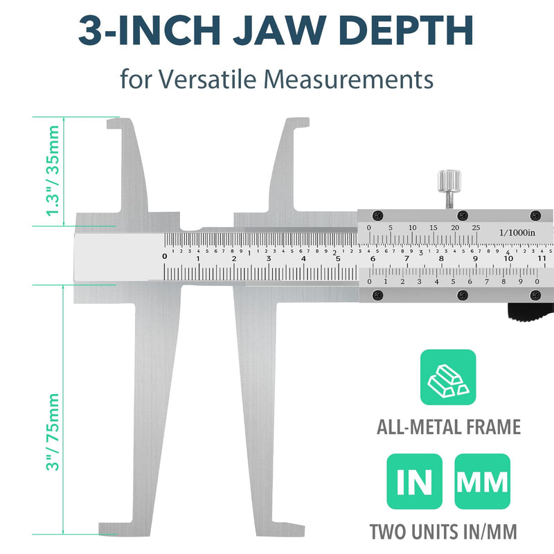 Inside Groove Vernier Caliper with Upper Jaw and 3" Lower Jaw, Inside Diameter Measuring Tools 9-150mm/6 Inch Range,0.01mm/ 0.005" Resolution,Imperial/Metric, Carbon Steel (6 Inch/ 150mm)