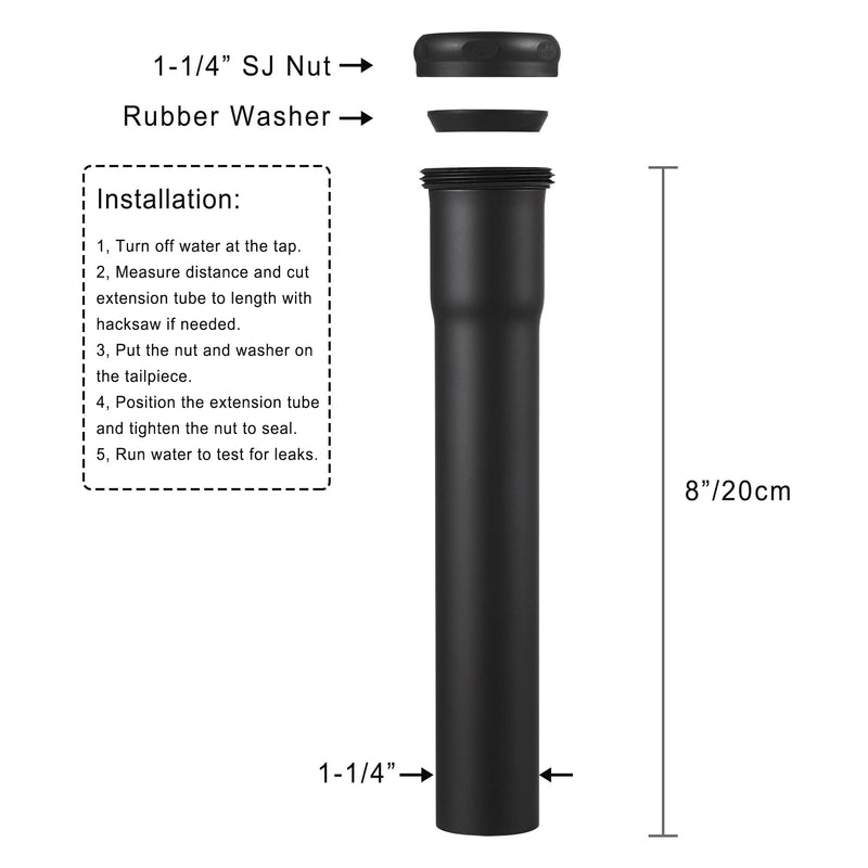 18 Gauge Brass Slip Joint Extension Tube 1-1/4” OD x 8” with Nut and Rubber Washer, P Trap Extension Tube, Sink Drain Tailpiece Tube Extension Heavy Duty, Matte Black
