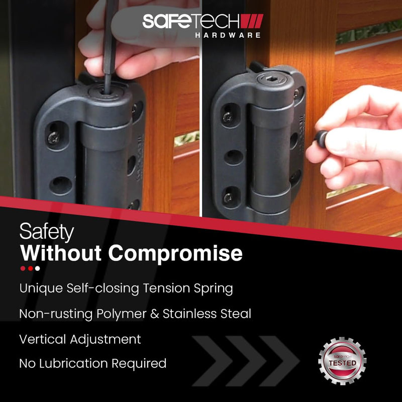 Safetech Hardware TopKlik Self Closing Gate Hinges | Self-Aligning Heavy Duty Spring Hinges | Adjustable Tension | Pool Safety Hinges | Any Square Post, Aluminum Gates | Swing Close 90bs SHG-90L Black