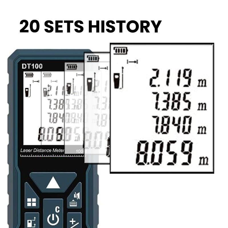 Laser Measure 165ft 330ft DT50 DT100 Gen-2 Laser Distance Meter 50M Portable Handle Digital Measure Tool Range Finder Larger Backlit LCD 4 Line Display IP54 Shockproof DT50 GEN-2