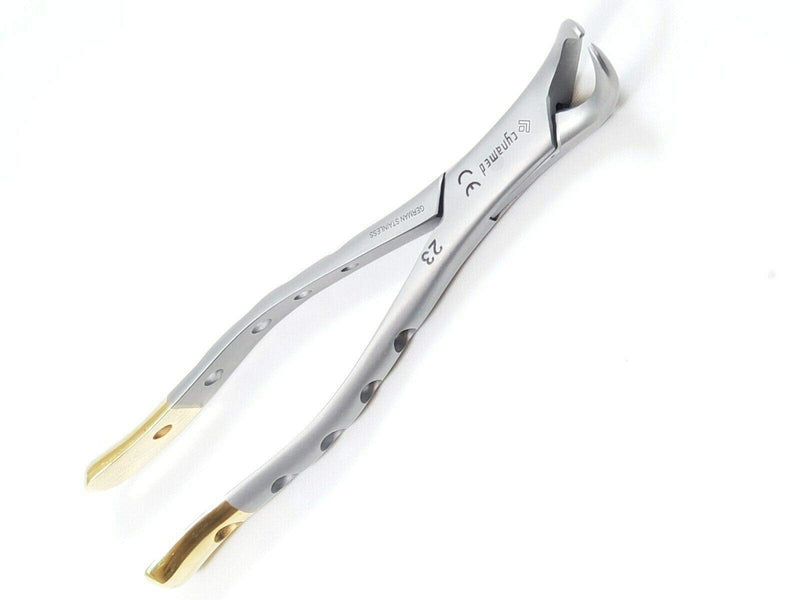 Gold Handle Premium Grade Dental Extracting Extraction Forceps Lower Molars Cow-Horn Beak #23 Dental Extracting Forceps -Cynamed