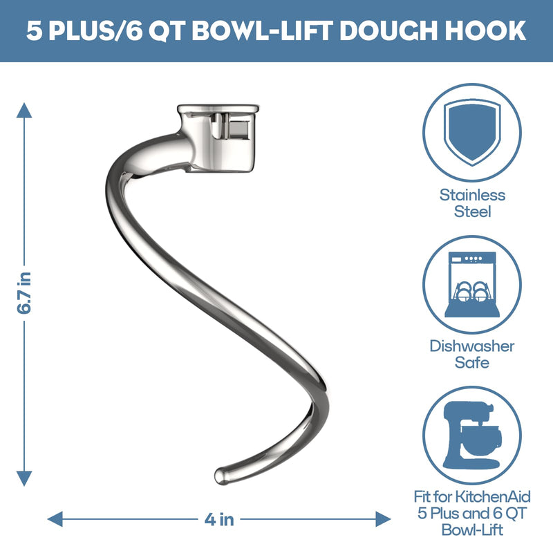 Stainless Steel Spiral Dough Hook for Kitchenaid 5Plus & 6QT Bowl-Lift Stand Mixers, Dough Hook for Kitchenaid Stand Mixer Dishwasher Safe, Efficient Kneading for Bread, Pizza, Pasta, Cookies 5Plus & 6QT Dough Hook
