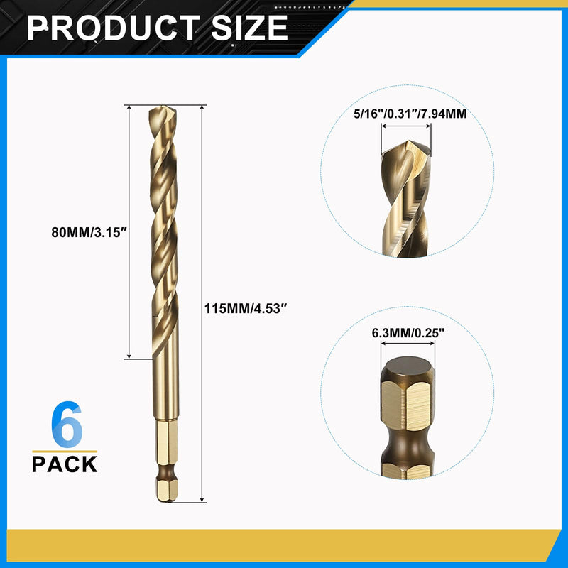 PATIKIL 5/16" Hex Shank Drill Bit, M35 Cobalt 5% High-Speed Steel Bits Quick Change Design for Impact Driver 135° Gold Finish for Stainless Steel Hard Metal - 6 Pack 5/16"