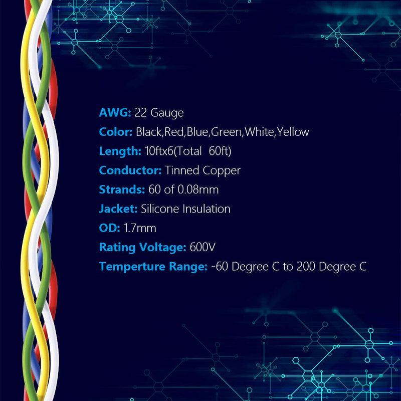 Fermerry 22 AWG Stranded Wire Spool 10ft Each 6 Colors Flexible 22 Gauge Silicone Hook up Wire Kit Electrical Tinned Copper Wire 22 AWG-6C
