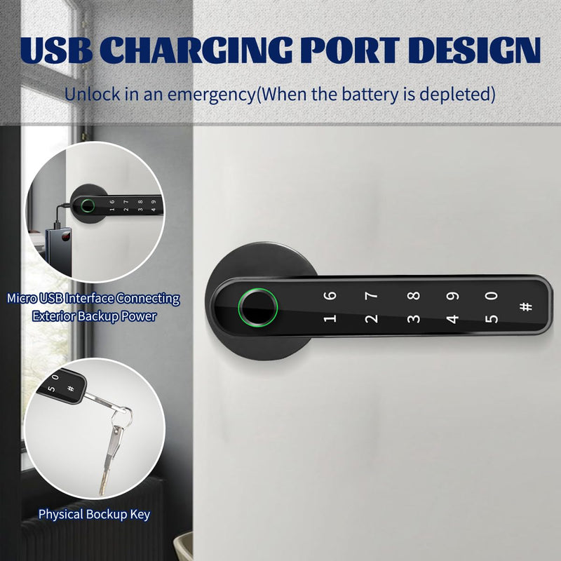 Fingerprint Door Lock,Touchscreen Biometric Door Lock, with Passcode keypad keyless Entry Door Handle,Smart Lock Handle Digital Door Lock, for Bedroom Home Hotel Office Apartment (Black) Black