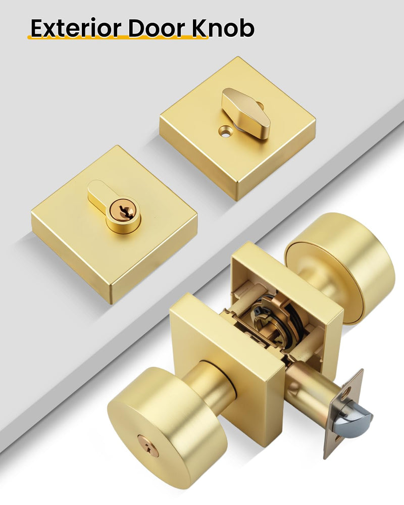 Goldenwarm Gold Exterior Door Knob with Deadbolt, Heavy Duty Front Door Knob and Deadbolt Set, Keyed Alike Brushed Gold Exterior Door Lock Set - Single Cylinder, Zinc-Alloy 1 Pack