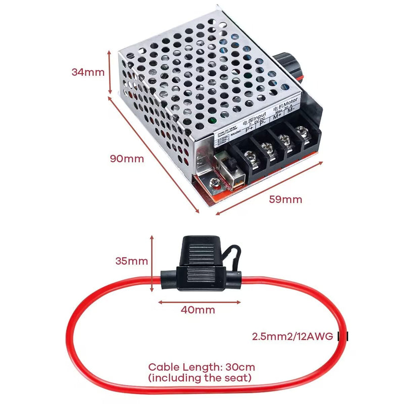 PWM Motor Speed Controller DC 7-70V 30A 12V 24V 36V 48V with 30 Amp Fuse
