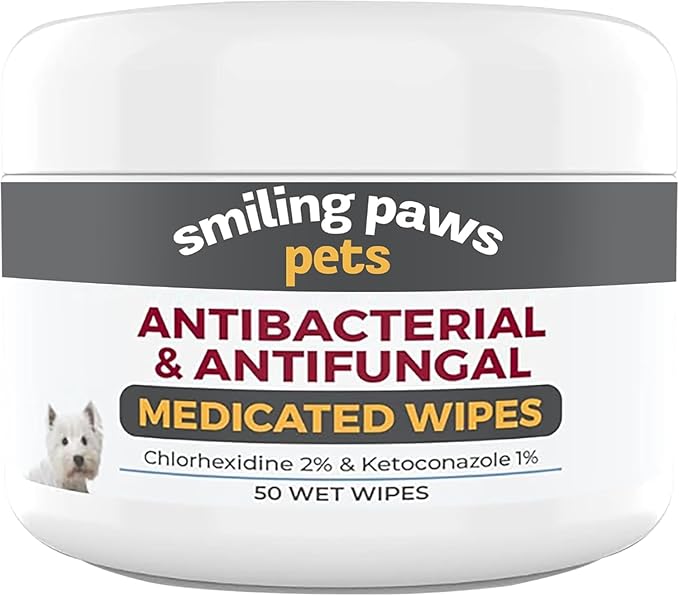 Advanced+ Medicated Antibacterial & Antifungal Wipe For Dogs & Cats – Contains Ketoconazole & Chlorhexidine - Dog Skin Yeast Infection Treatment - For Ringworm, Pyoderma, Bacteria & Fungus. 50 pads 1 x 50 Wipes