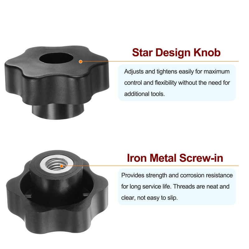 HARFINGTON 4pcs Star Knobs M10 Female Thread 48mm Head Plastic Through Hole Brass Screw-in Clamping Handles Threaded Hand Knobs, Black M10 x 48mm