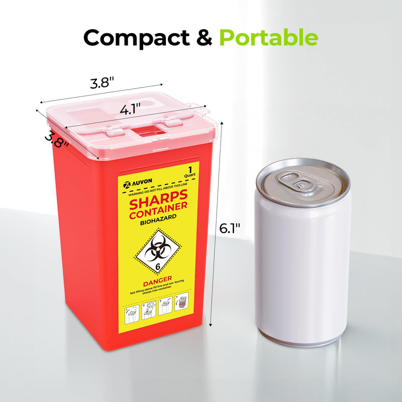 AUVON Sharps Container for Home Use with Split Lid Design and Locking Mechanism, 1 Quart Needle and Syringe Disposal Containers, Portable Container for Travel and Professional Use, 1-Pack