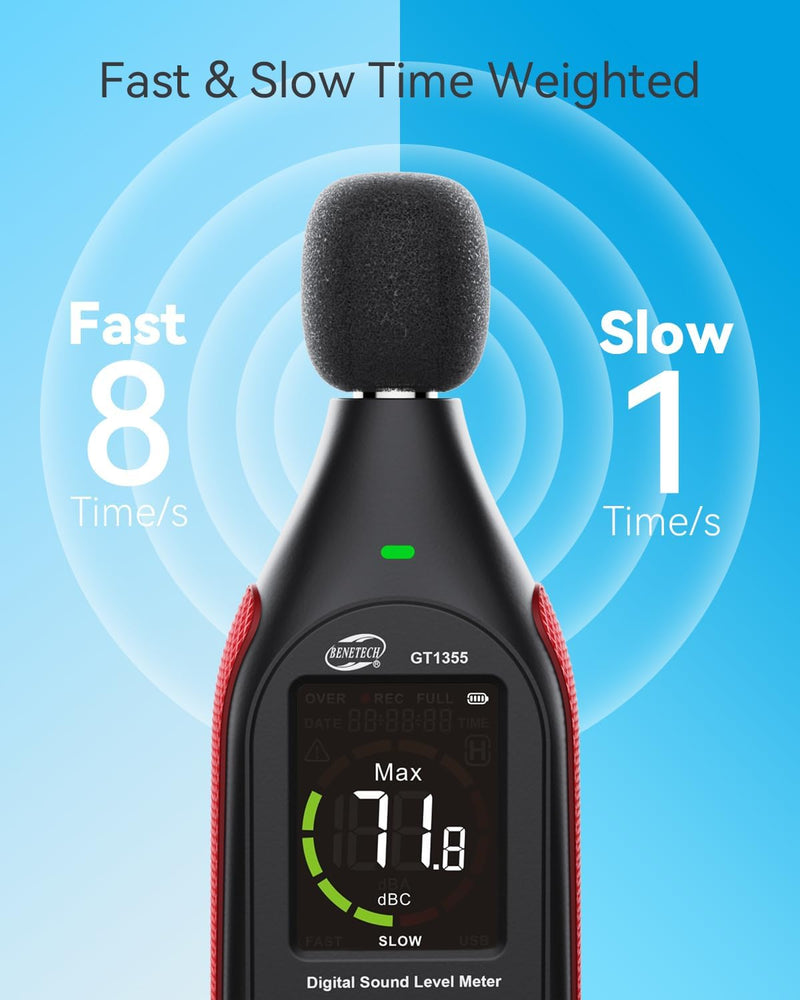 Decibel Meter, Sound & Noise Decibel Level Reader Monitor, SPL Meter 30dB to 130dB(A) with Record, Visual Alarm, A/C Weighted, Rechargeable for Home, Classroom GT1355
