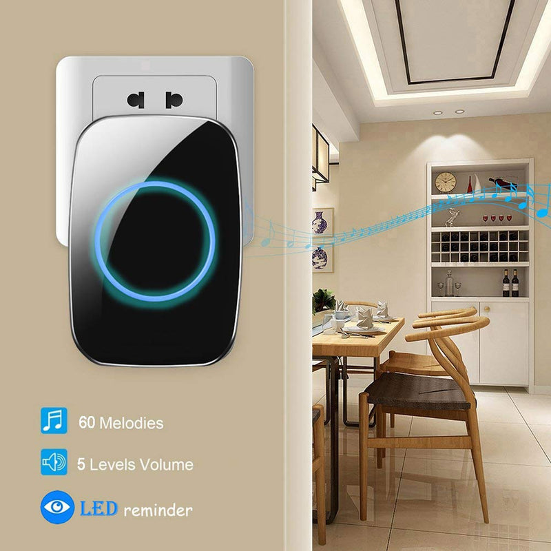 Wireless Doorbell, Waterproof Door Bell Kit, Distinguish Front and Rear Doors, Over 1000 feet Range and 60 Chime, 5 Levels Volume and LED Flash, for Home Office Classroom 2 Push Button + 2 Plug-In Receiver Black