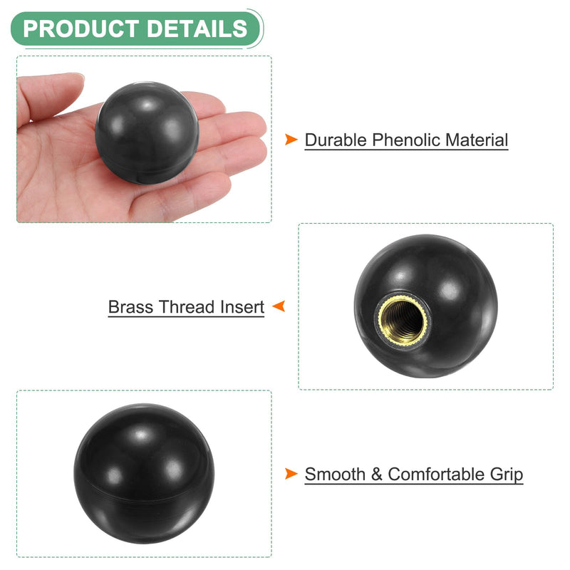 5-Pack Threaded Ball Knobs, M12 Female Thread 40mm Dia. Thermoset Ball Knob for Lathe/Machine/Lawn Mowers, Round Phenolic Brass Insert Lever Handle [Black] M12x40mm Black