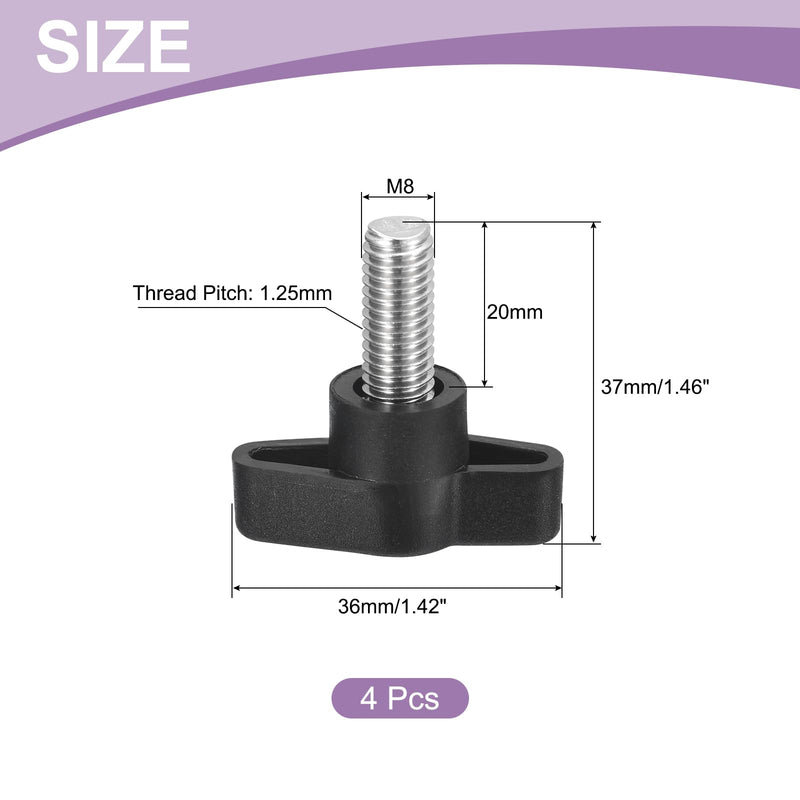 uxcell 4Pcs Tee Wing Knobs Thumb Screws, M8 x 20mm Clamping Screw Knob Male Thread 304 Stainless Steel T Shaped Thumb Screws Handle 36mm Dia. for Hand Tightening Knob Replacement, Black