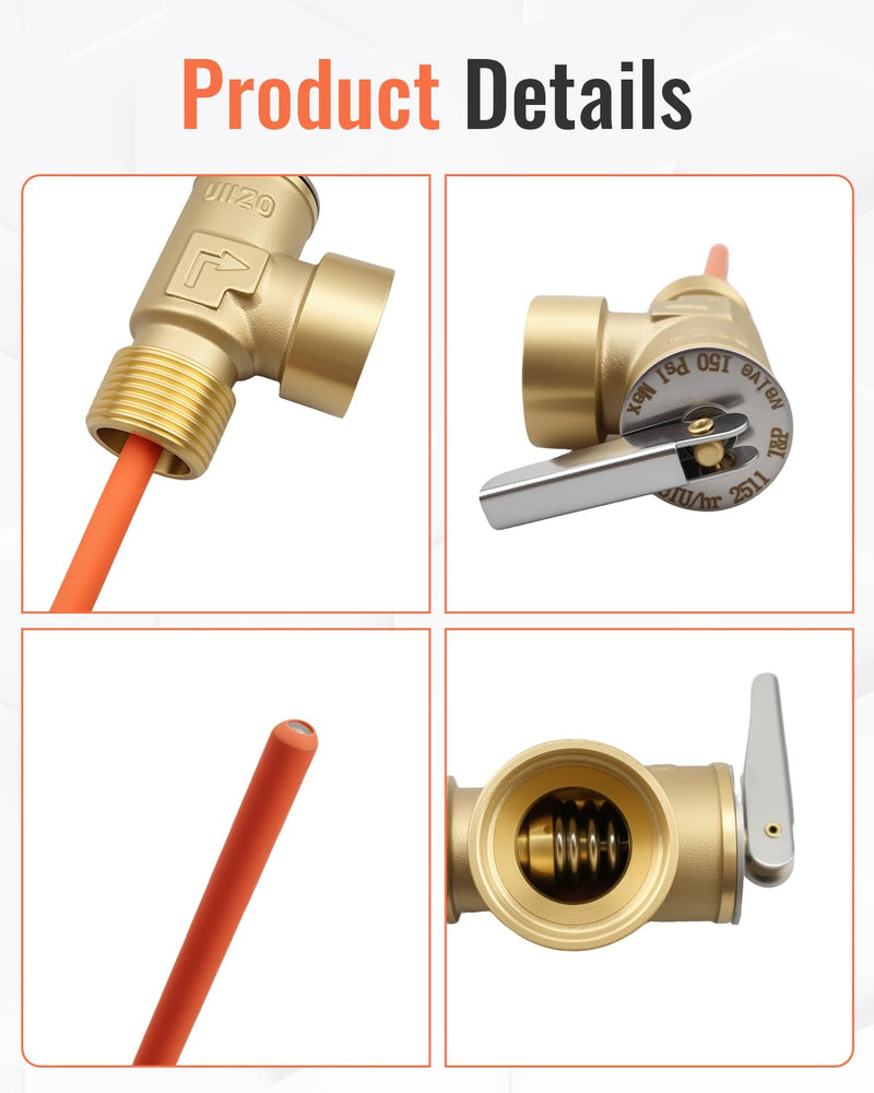 3/4" Temperature and Pressure Relief Valve with Extended Probe, 150 PSI 210°F Safety Valve, Pressure Relief Valve Fit for Suburban RV Water Heater or Home Heater Thickened Brass Body 3/4" NPT Connection