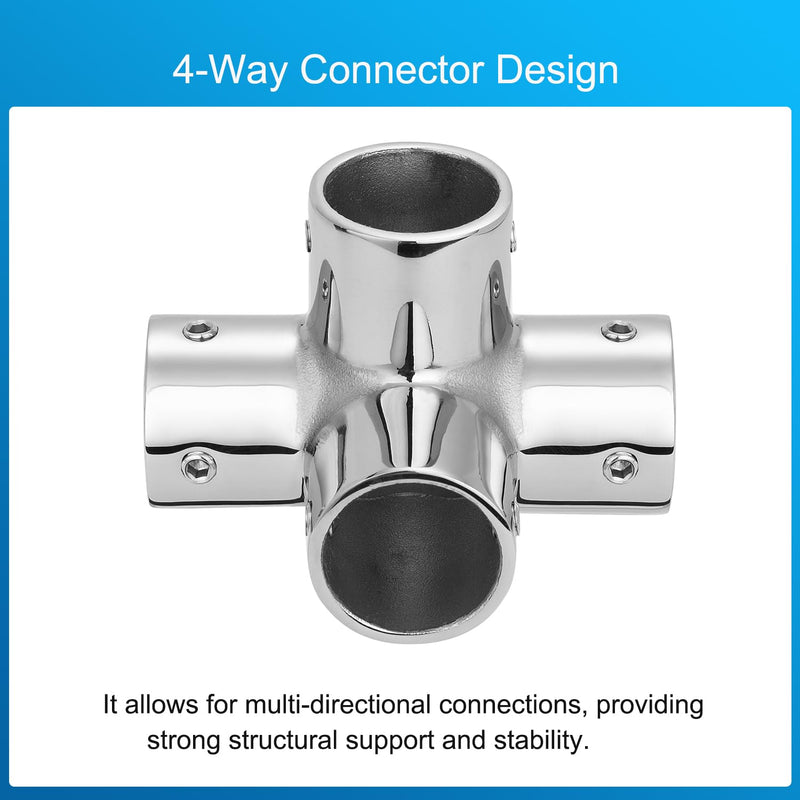 Marine Grade Boat Handrail Fitting 4-Way Pipe Fitting for 7/8" Round Tubing, 316 Stainless Steel Mirror Polished Hand Rail Fitting 4-Way Pipe Connector(2-Pack) 7/8 inch