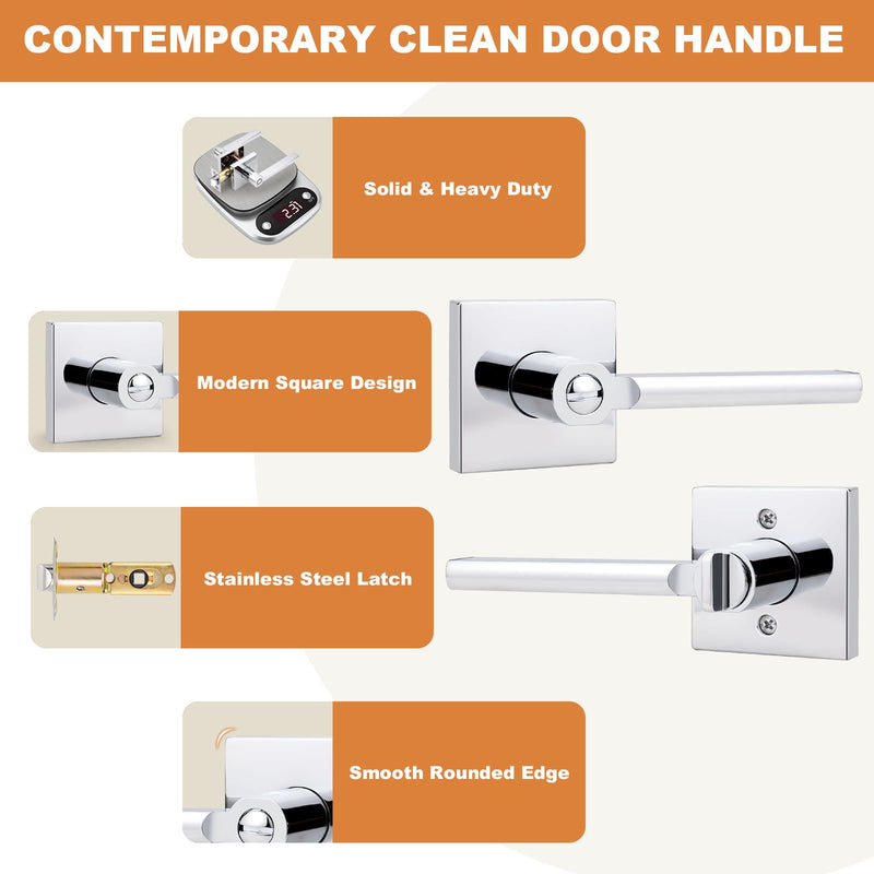 Probrico Polished Chrome Privacy Door Handle Lockset Heavy Duty Square Interior Door Lever for Bedroom or Bathroom Reversible Keyless Handleset Door Knob Slim Handed Levers, 2 Pack
