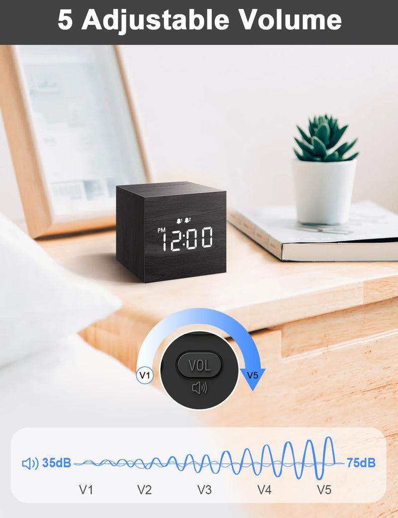 JALL Digital Alarm Clock, with Wooden Electronic LED Time Display, 3 Alarm, 2.5-inch Cubic Small Mini Wood Made Electric Clocks for Bedroom, Bedside, Desk, Black