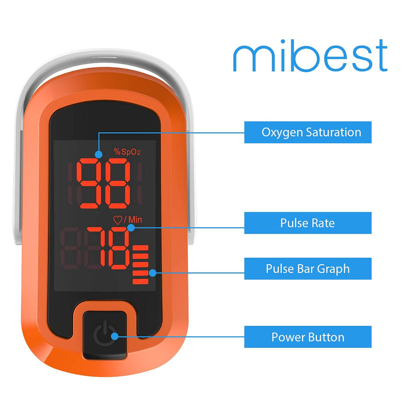 MIBEST Orange LED Finger Pulse Oximeter - Blood Oxygen Saturation Monitor - SPO2 Pulse Oximeter - Portable Oxygen Sensor with Included Batteries - O2 Saturation Monitor with Carry Pouch Orange - LED