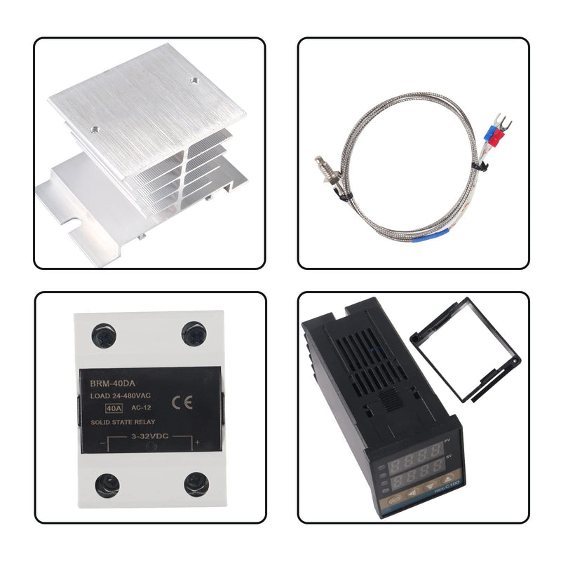 Digital PID Temperature Controller REX-C100 PID Thermostat Temperature Controller Digital REX C100 with 40DA SSR Relay K Thermocouple Probe RKC and Silver Heat Sink 40DA Silver
