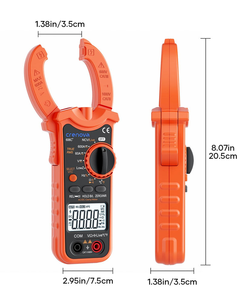 Crenova Digital Clamp Meter, TRMS Clamp Multimeter, 6000 Counts Amp Tester for AC/DC Current/Voltage, Resistance, Capacitance, Frequency, Duty Cycle, Temperature Continuity, Diode, NCV, Live Wire Test