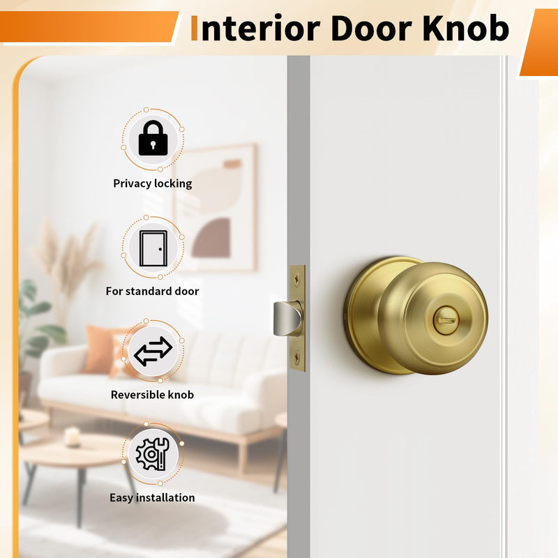 Probrico Brushed Brass Door Knobs for Bedroom Bathroom, Interior Door Knob with Round Ball, Gold Privacy Door Knob, 3 Pack