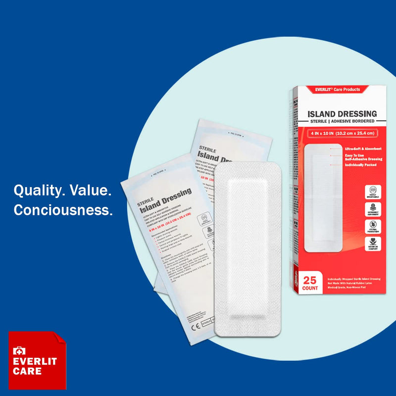 EVERLIT Island Dressing Bordered Gauze | Large Wound Care Bandage with Adhesive Border| Sterile, Soft & Highly Absorbent Medical Grade Dressing Pad (4x10 Inch (Pack of 25)) 4x10 Inch (Pack of 25)