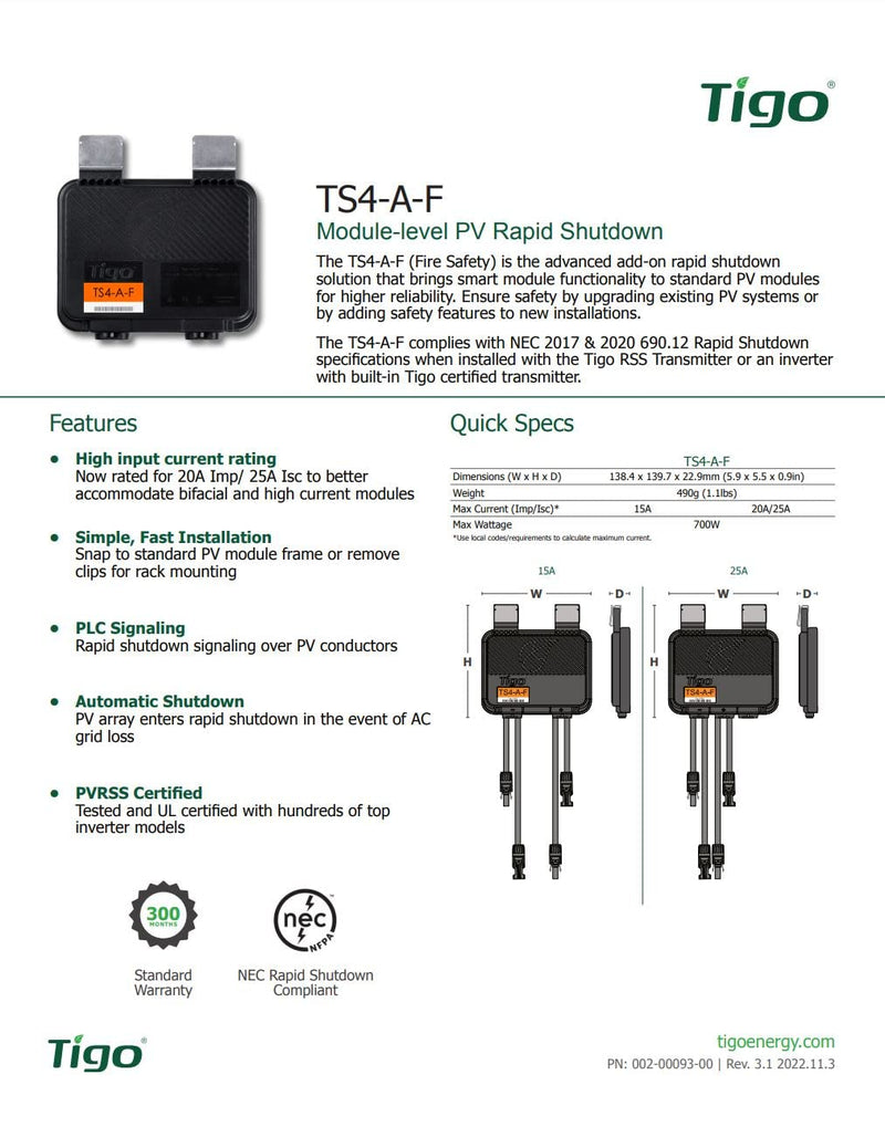 Tigo TS4-A-F Module Add-On Rapid Shutdown, Fire Safety