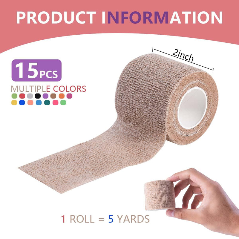 15 Pack 2 Inch x 5 Yards Self Adhesive Bandage Breathable Cohesive Bandage Wrap Rolls Elastic Self-Adherent Tape for Stretch Athletic, Sports, Wrist, Ankle 15 Count (Pack of 1) Colorful