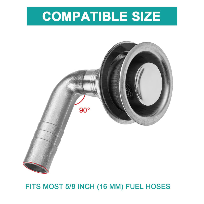 316 Stainless Steel 90-Degree Boat Fuel Tank Vent, Fits 5/8 Inch Hose, Marine Gas Vent with Gasket, Lock Nut, and Protective Cap