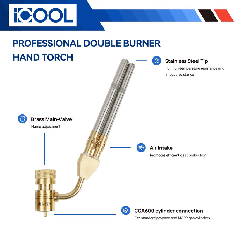 ICOOL Double Flame Hand Torch, Maximum Temperature 3600℉, Propane MAPP Gas Torch for Welding Brazing Plumbing HVAC