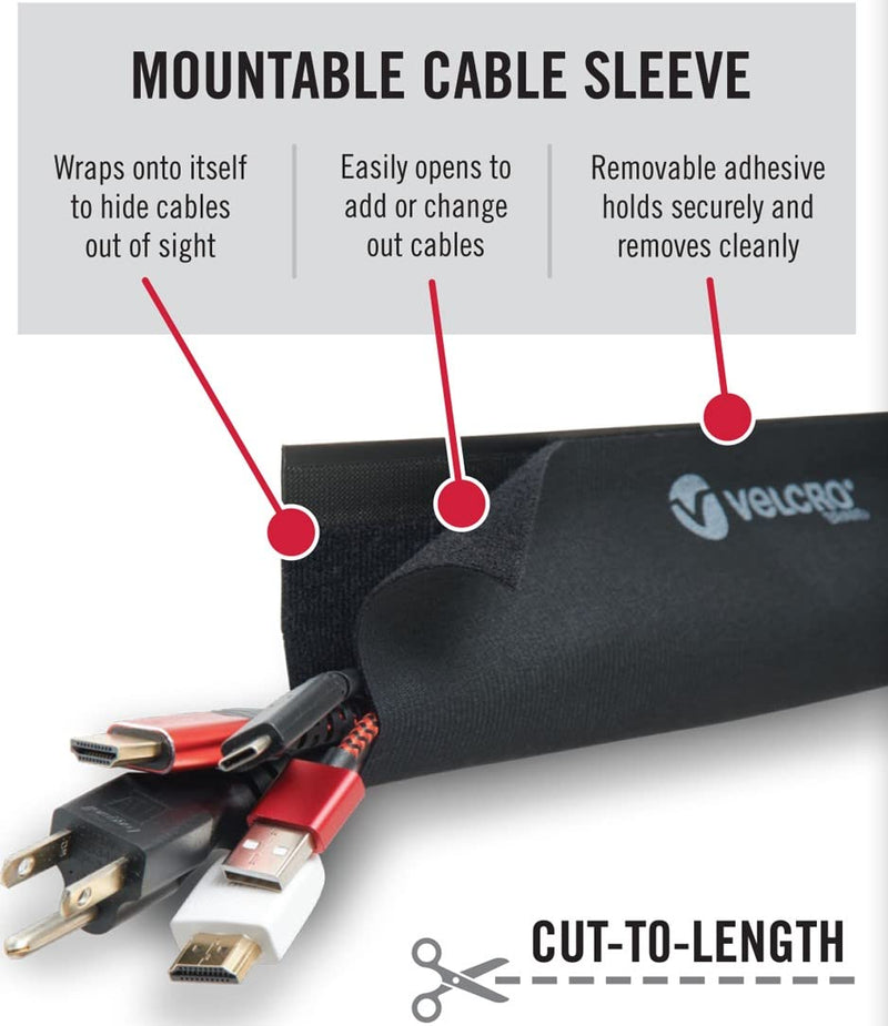 VELCRO Brand Cord Hider Wire Covers For Wall, Desk, 3-Ft Cut to Length, Mountable Cable Sleeve with Removable Adhesive. Organize Messy Cables Behind TV or Electronics, Black VEL-30799-USA 36in - Cut to Length