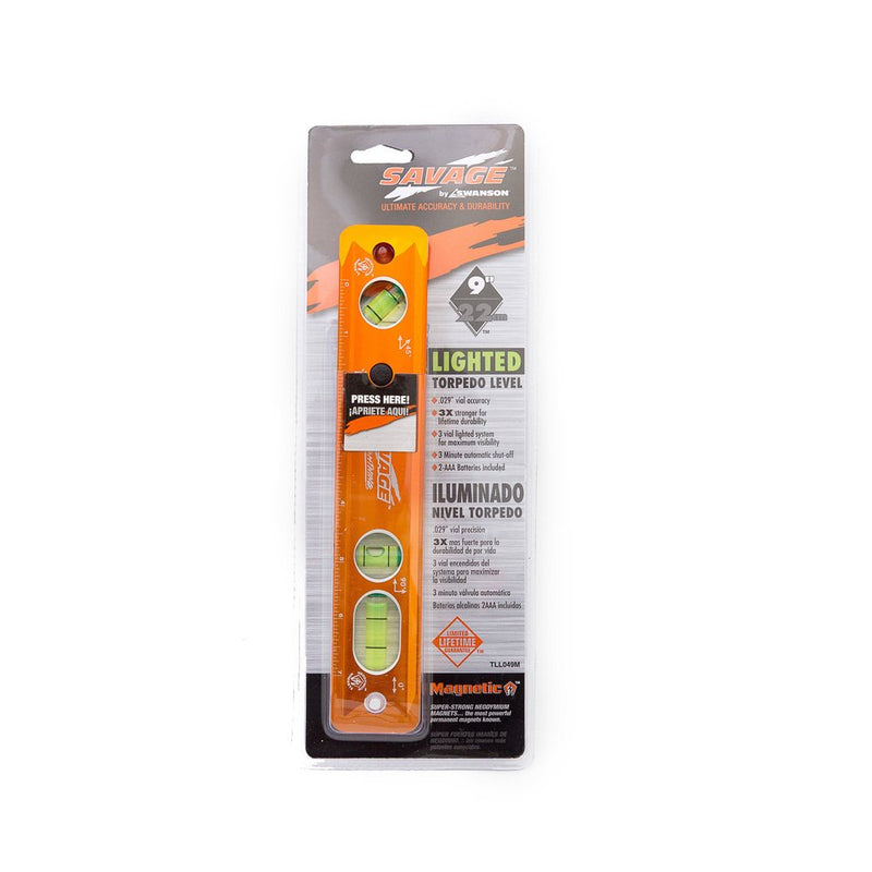 Swanson Tool Co TLL049M Savage Lightning Aluminum Torpedo Magnetic Illuminated Levels, 9", 3 Vials 9" Illuminated Magnetic