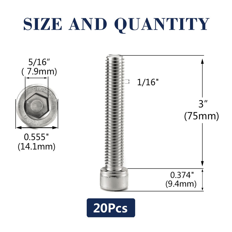 3/8-16 x 3 Socket Head Cap Screws Bolts, 20Pcs 304 Stainless Steel 18-8, Allen Socket Hex Drive, Full Thread, Bright Finish by SG TZH(with Hex Spanner) 20 3/8-16 x 3"